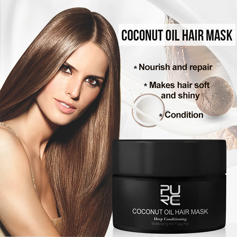 PURC Coconut Oil Hair Mask jar with a model with long, smooth hair