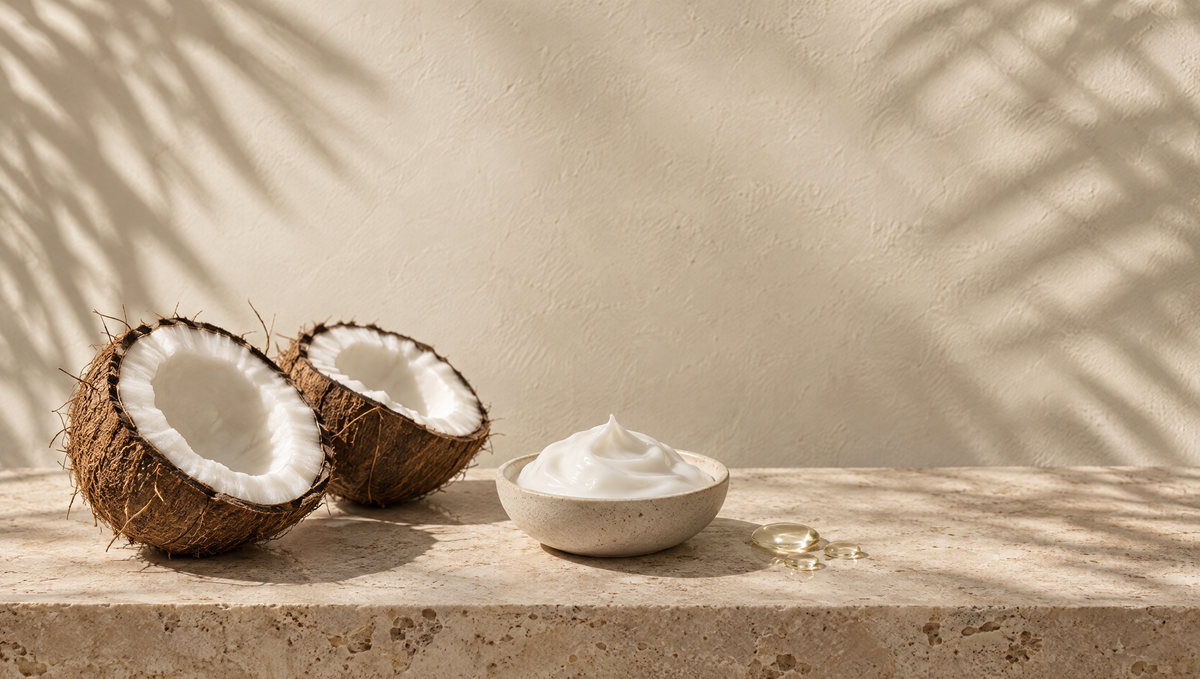 Halved coconuts and a dish of creamy hair mask on a travertine ledge with palm shadows